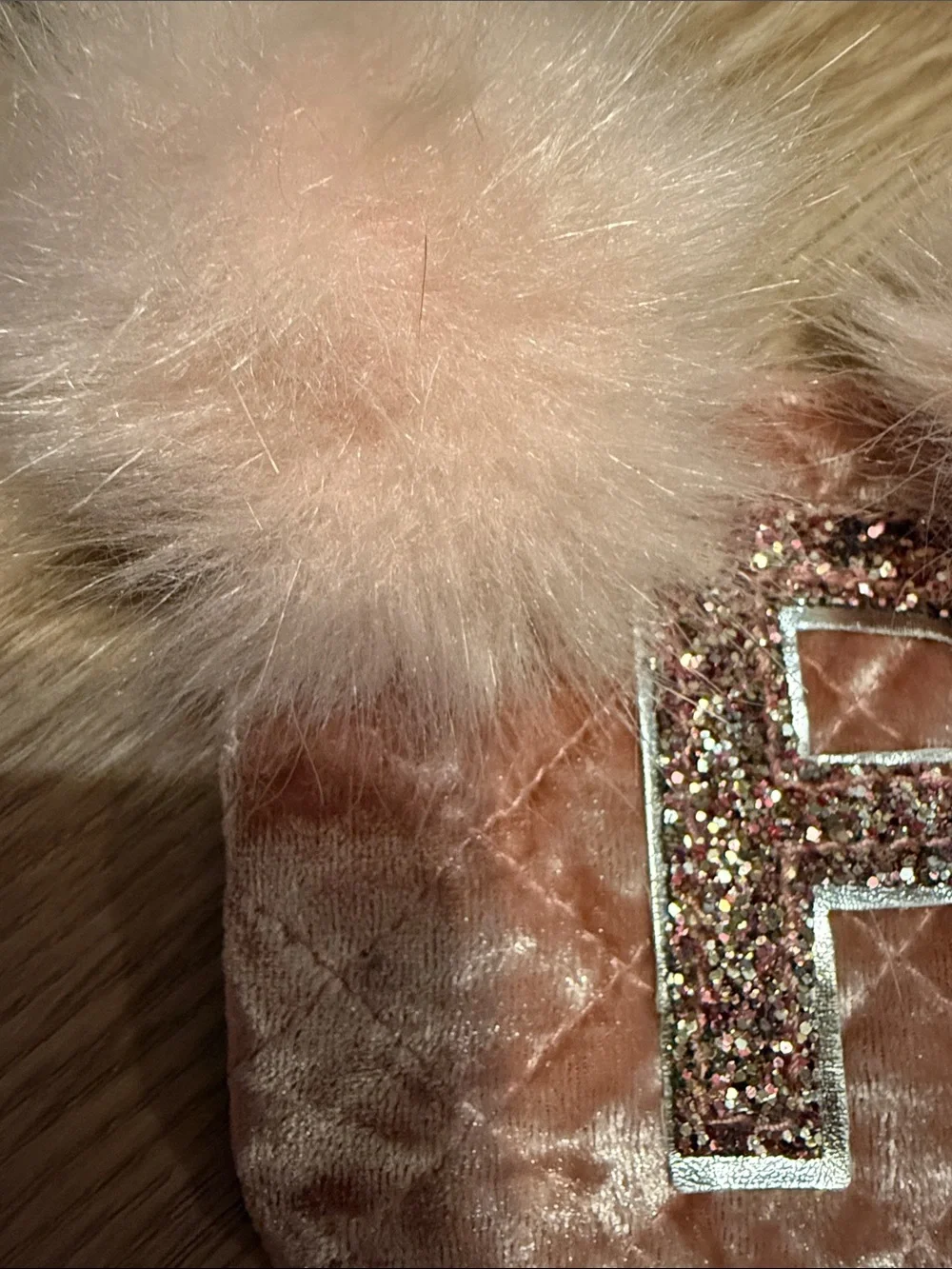 Justice Pink Velvet Pompom Wristlet with Glitter 'R'